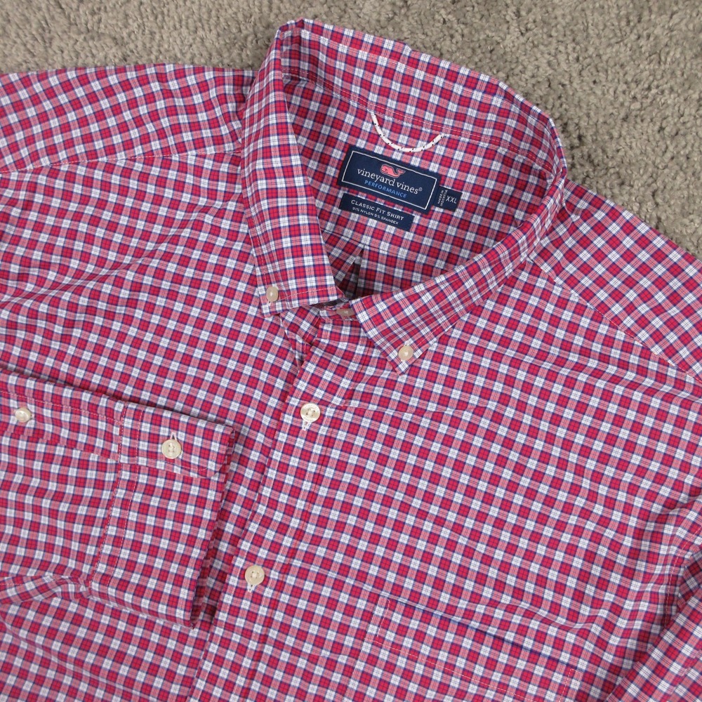 Vineyard Vines Shirt Mens 2XL Red Plaid Classic Fit Nylon Performance Button Up